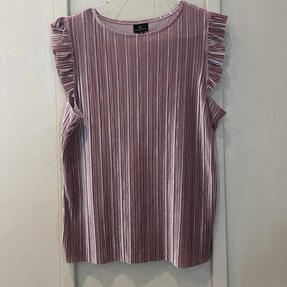 Worthington Blouse Womens XL Pink Velour Pleated Sleeveless Ruffle Trim Top